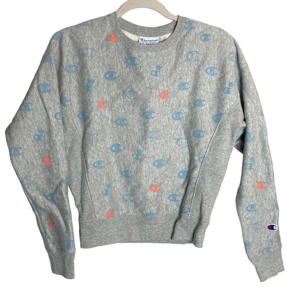 Champion Reverse Weave All Over Logo Graphic Sweatshirt Gray Womens XS Excellent - Picture 1 of 7